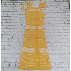 La Ven Dress Womens XS Yellow Striped Ribbed Sleeveless Tie Strapes Slit Midi